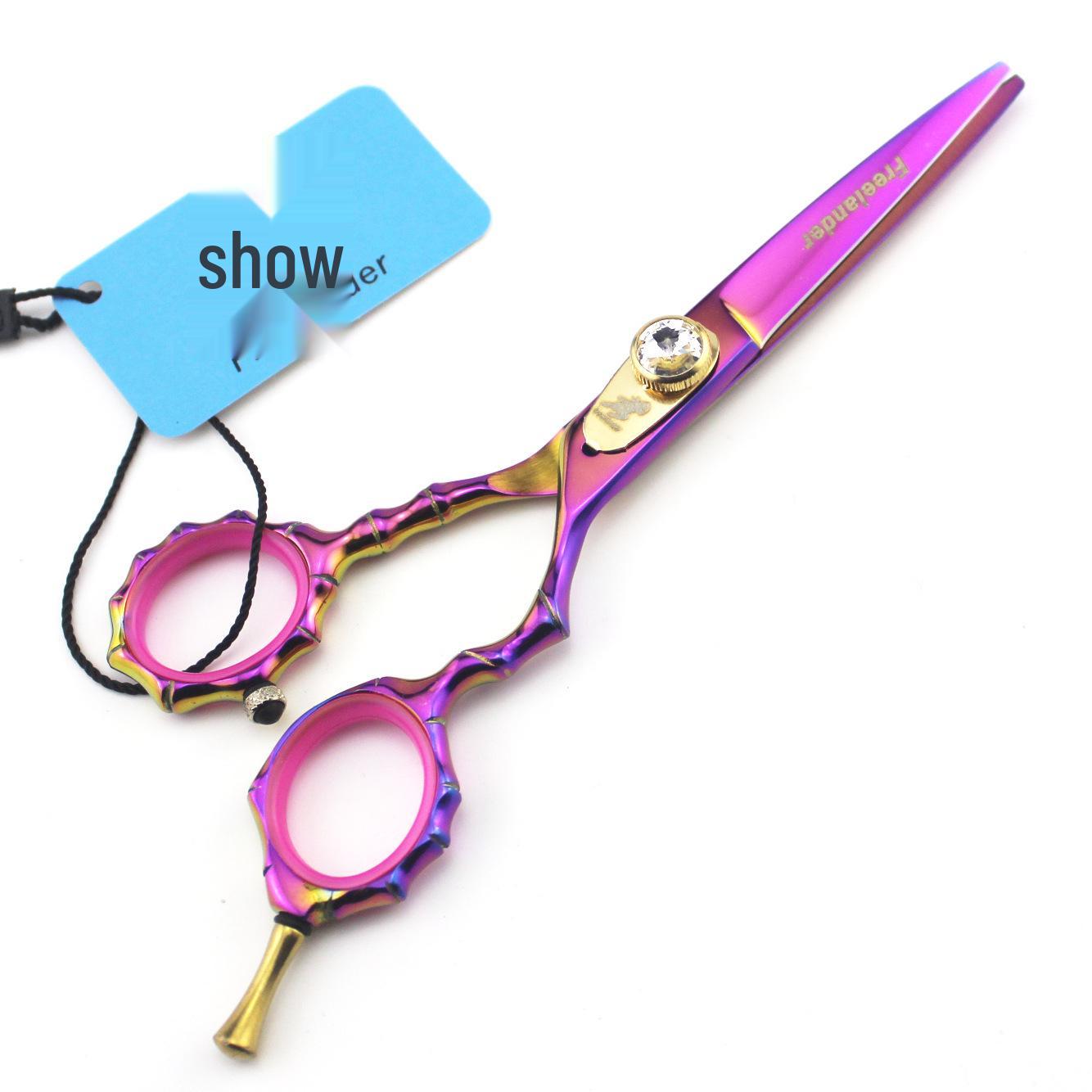Shenxingzhe 5.5-inch Colorful Bamboo Handle Hairdressing Scissors Set: Straight, Serrated, Thinning with Bag Straight Scissors
