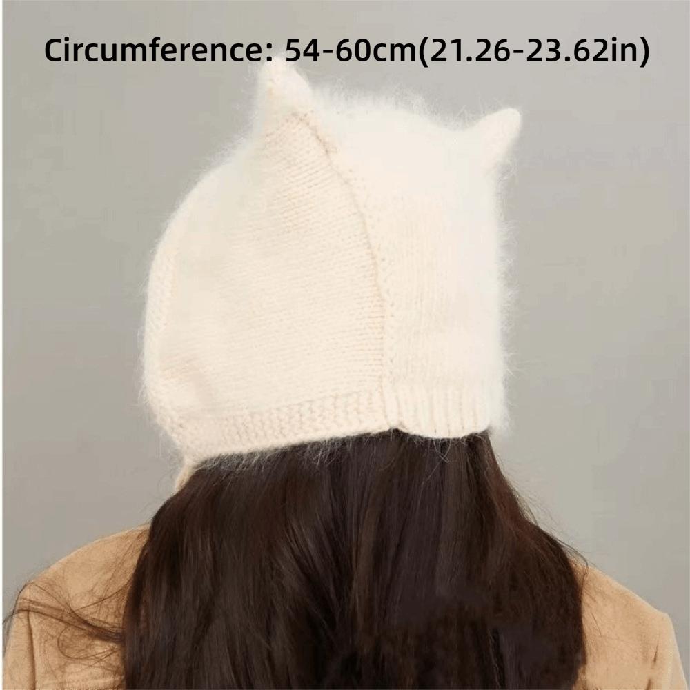 Solid Color Knit Winter Hat Laced Up Plush Fluffy Hat Cute Cat Ear Beanie For Women