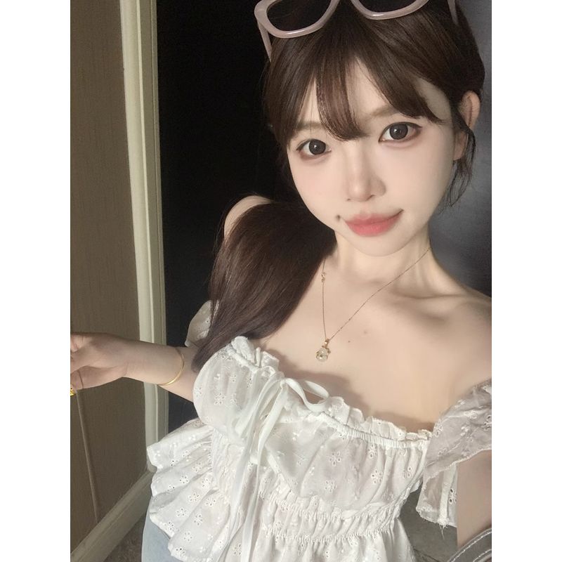 Kumikumi Pure Desire Style off-Shoulder Collar Pleat Shirts Women clothes Summer Lace-up Hollow off-Shoulder Slimming White Top