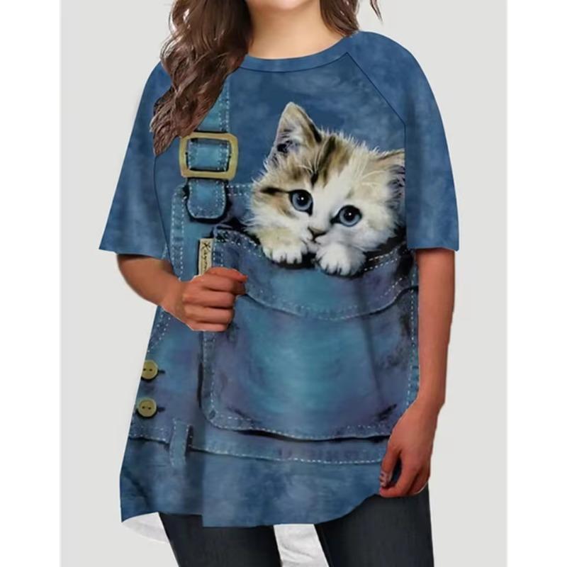 Camisetas da moda para mulheres, tops grandes, estampa 3D, gato, gráfico, solto, streetwear, gola redonda, mangas curtas, camisas femininas, camisetas