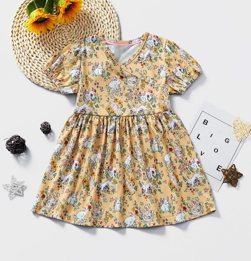 Summer 2025 European & American Style Girls' Princess Cartoon Tropical Short-Sleeve Dress