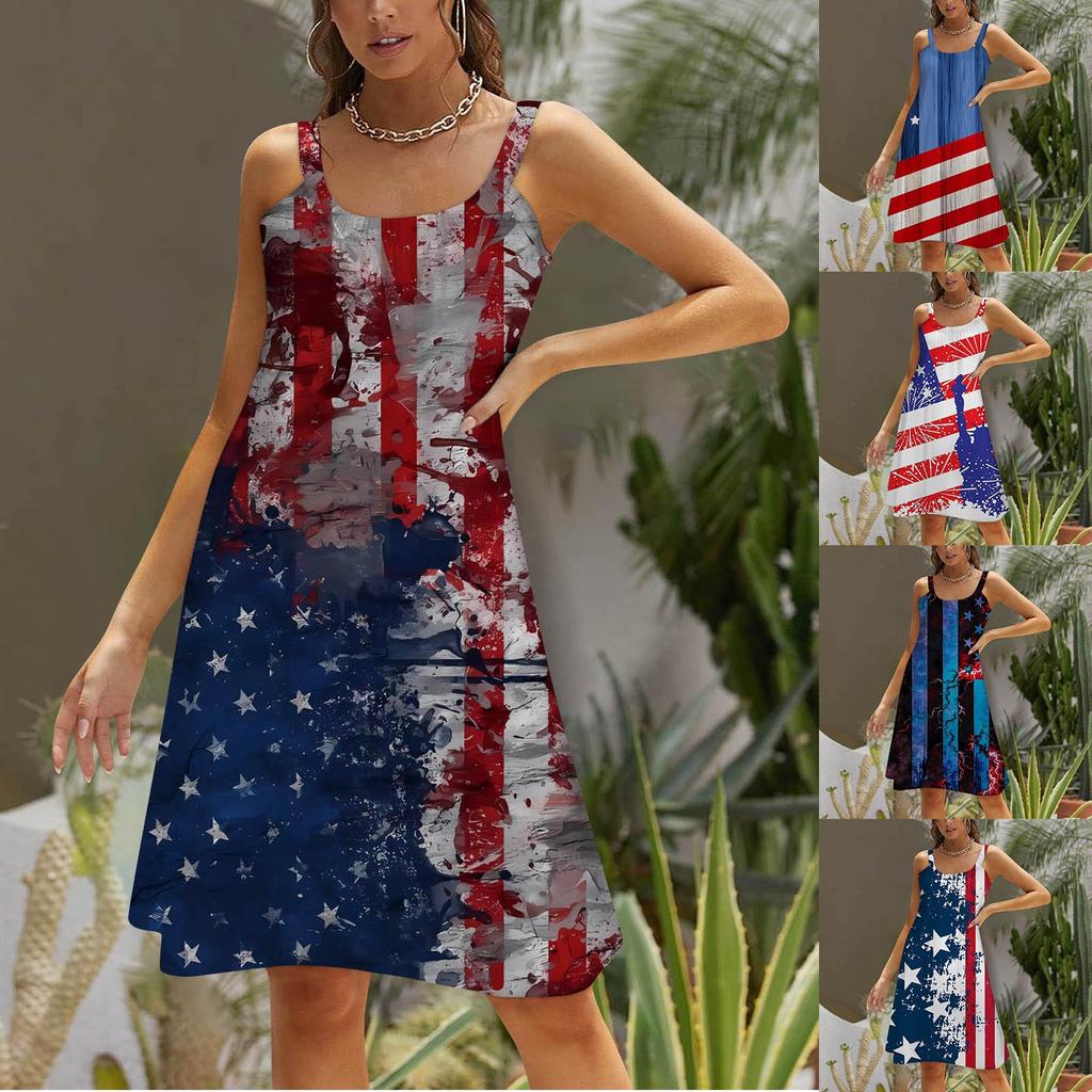 Women's Fashion Summer Beach Casual Print Sleeveless Cute Mini Sling Dress