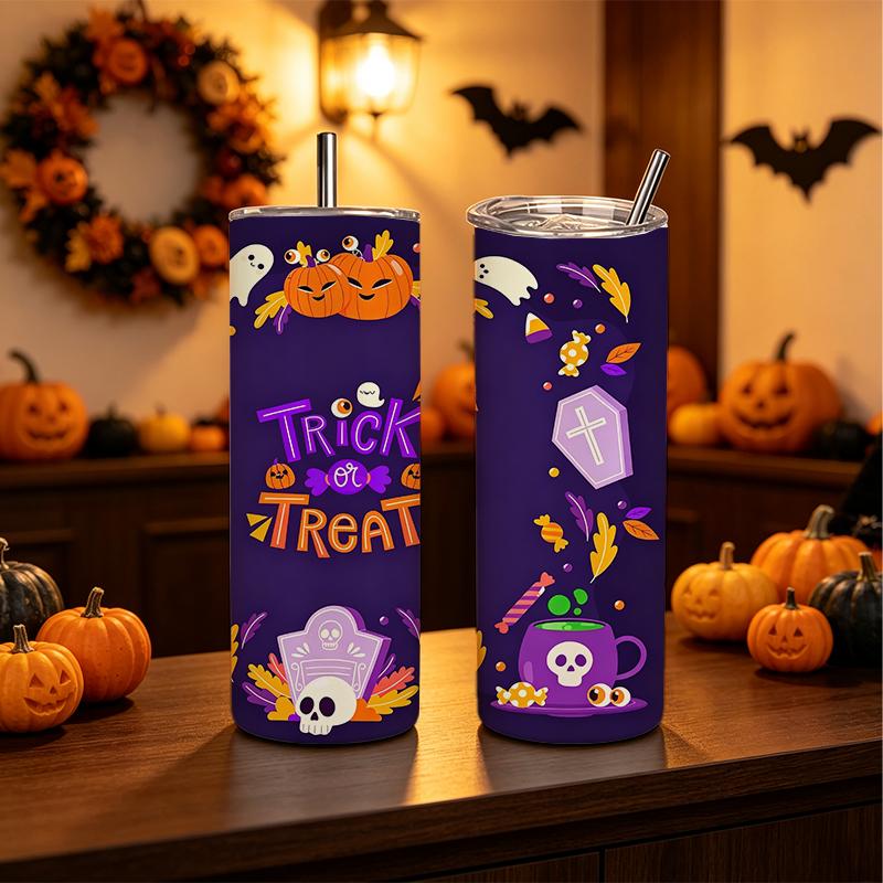 591ml Straight Cup Halloween elements Straw Cup Hot Cold Tumbler Stainless Steel Tumbler Ice Retention Cup 20oz Skinny Cup