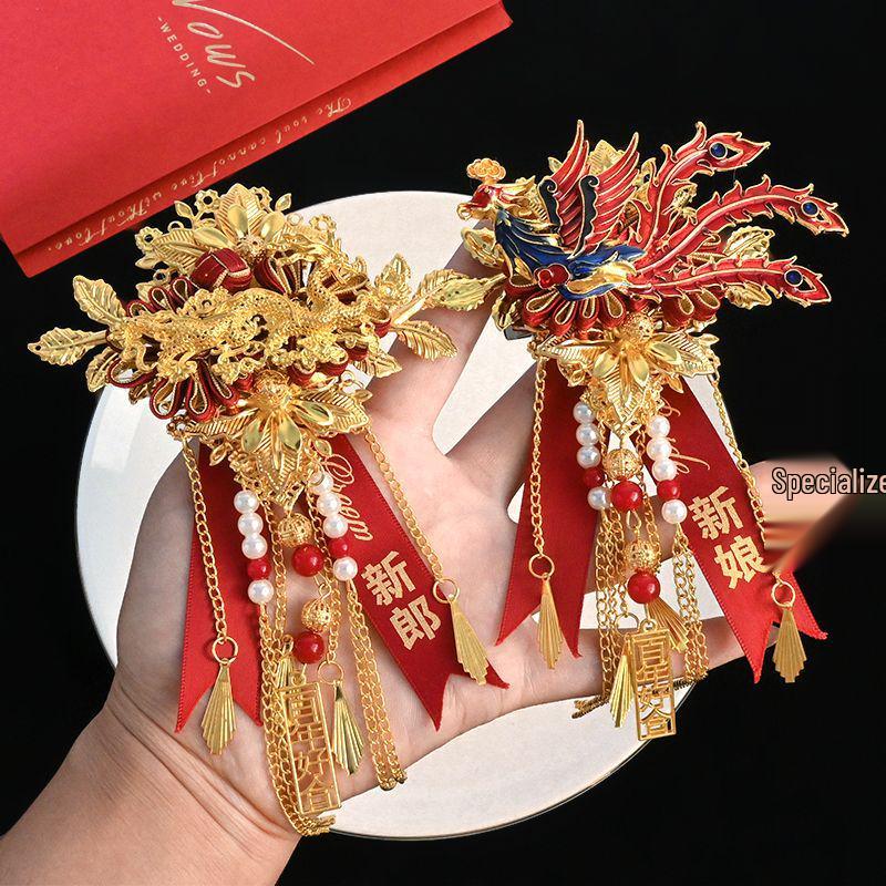 

Dragon and Phoenix Wedding Corsage Set: Chinese Style Groom and Bride Boutonniere & Brooch Dragon Boutonniere with Ribbon