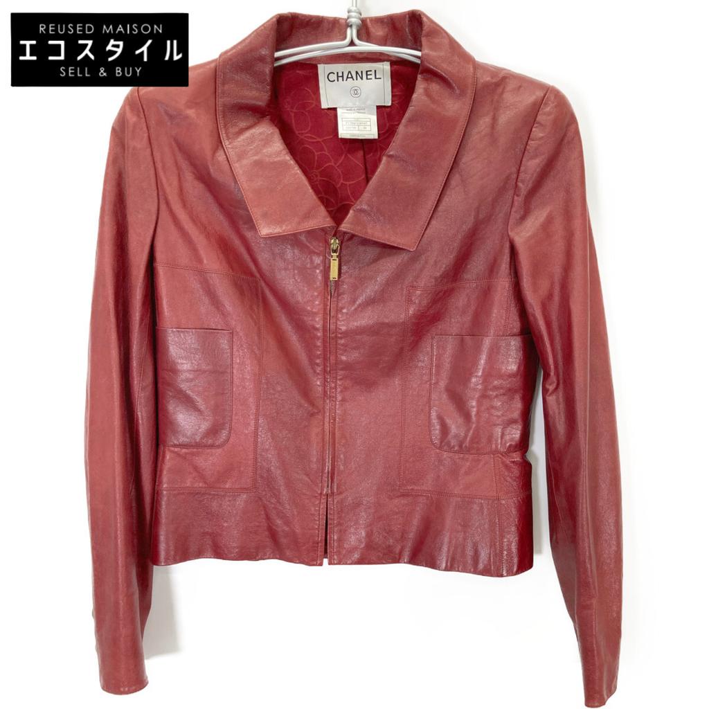 CHANEL 2001 High Summer P17886 Red Goatskin Camellia Lining Leather Jacket Jacket 38 RedUsed
