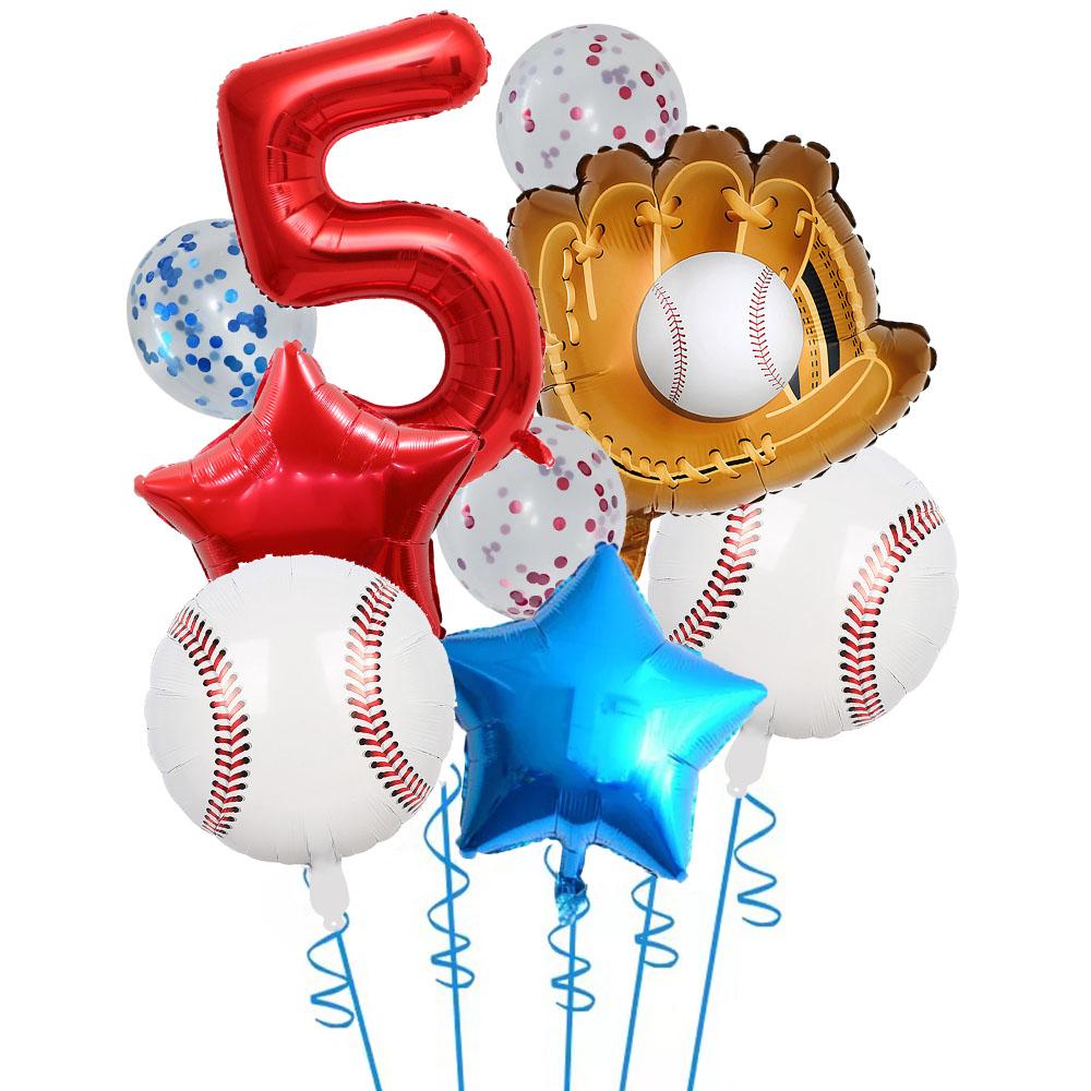 9pcs Baseball Themed Aluminum Foil Balloon Set 32inch Digital Pentagram Glitter Ball Children's Birthday Party Decoration