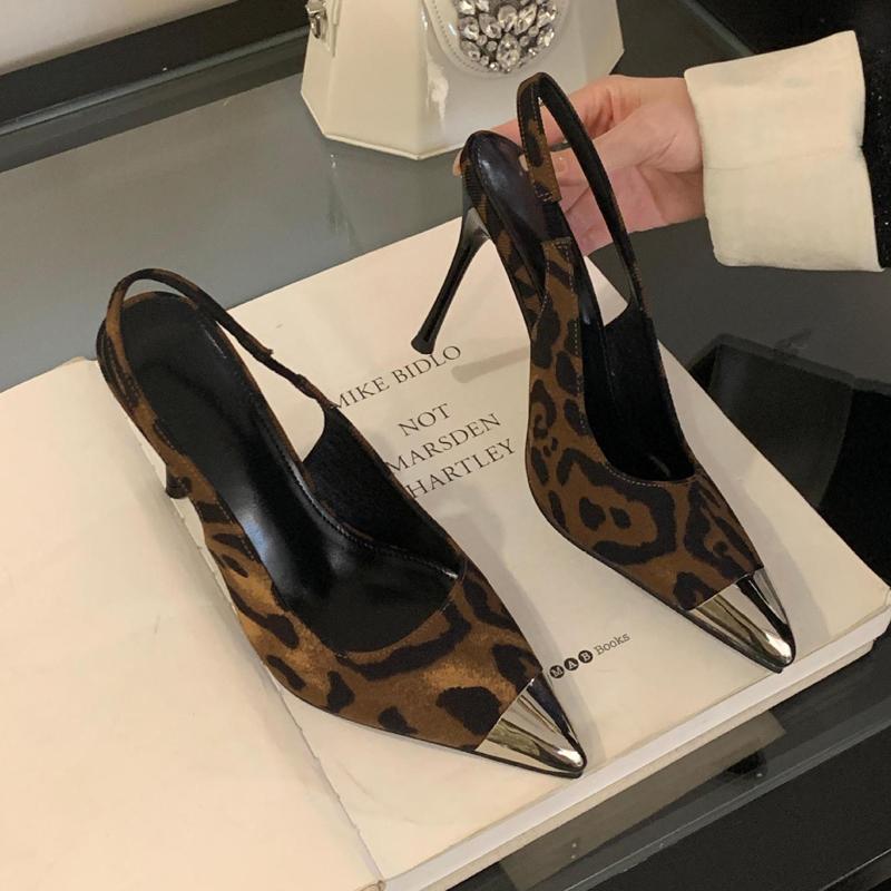 Fashion Leopard Metalic Pointed Toe Pumps Women Slingback High Heels Shoes Ladies Sexy Party Dress Stilletos Sandals Designer Escarpins