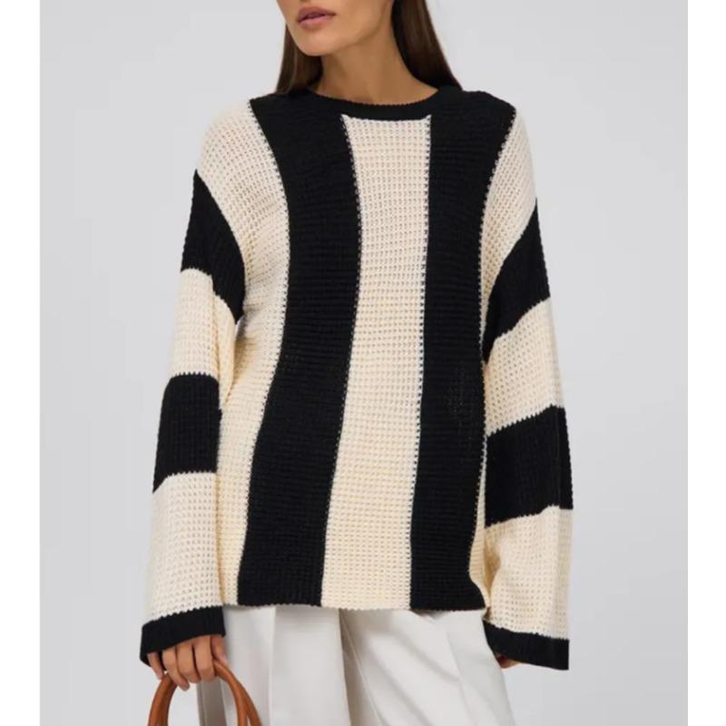 Crew Neck Striped Women's Long Sleeve Autumn Bottom Shirt Top Sweater Contrast Color Simple Wind Knitted Sweater Women's Loose