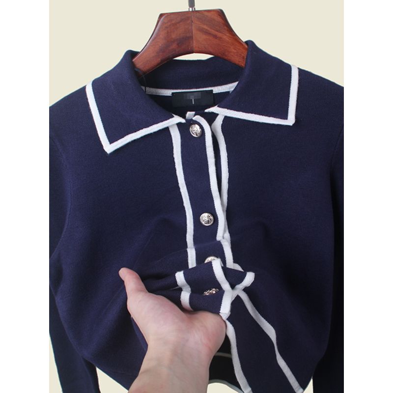 American Card Polo Collar Color Matching Early Autumn Cardigan Classic Style Lapel Single Breasted Long Sleeve Knitted Coat