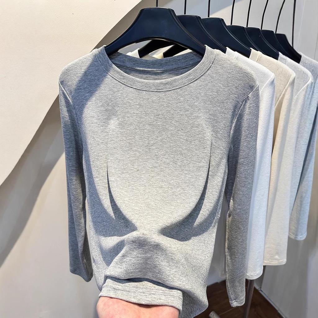 Women's Ribbed Crew Neck Long Sleeve Slimming T-shirt - 2025 Autumn/Winter Collection