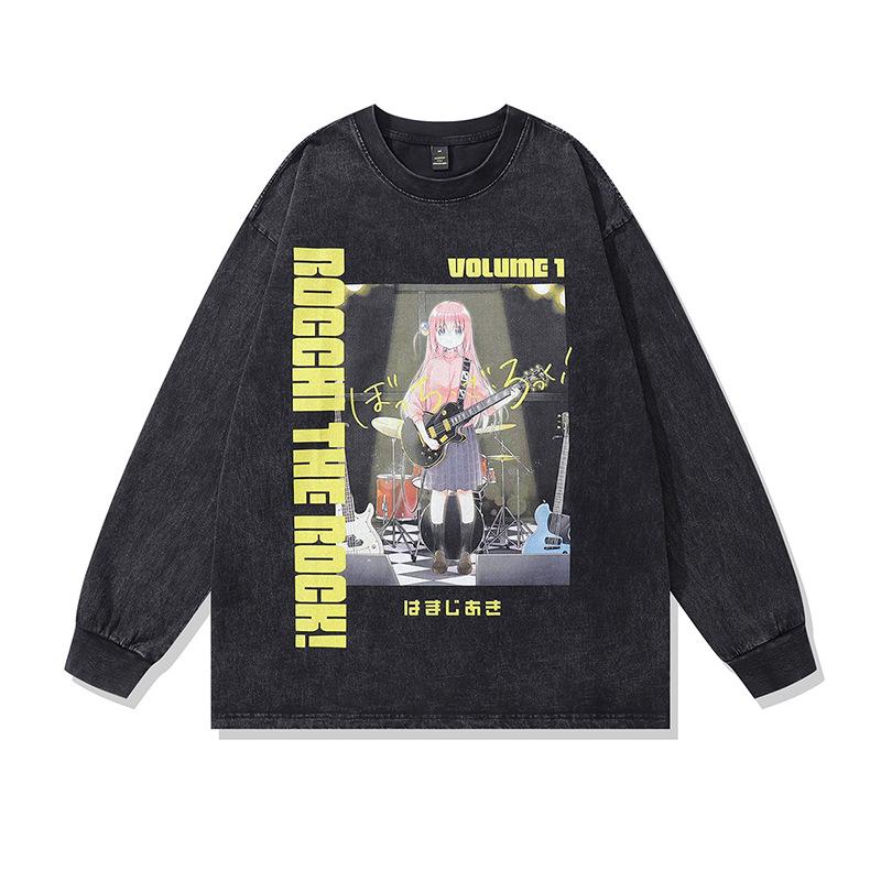 American Hiphop Street Tide Brand Spoof Cat Print Casual Ins Couple Washed Long Sleeve T-Shirt Men And Women