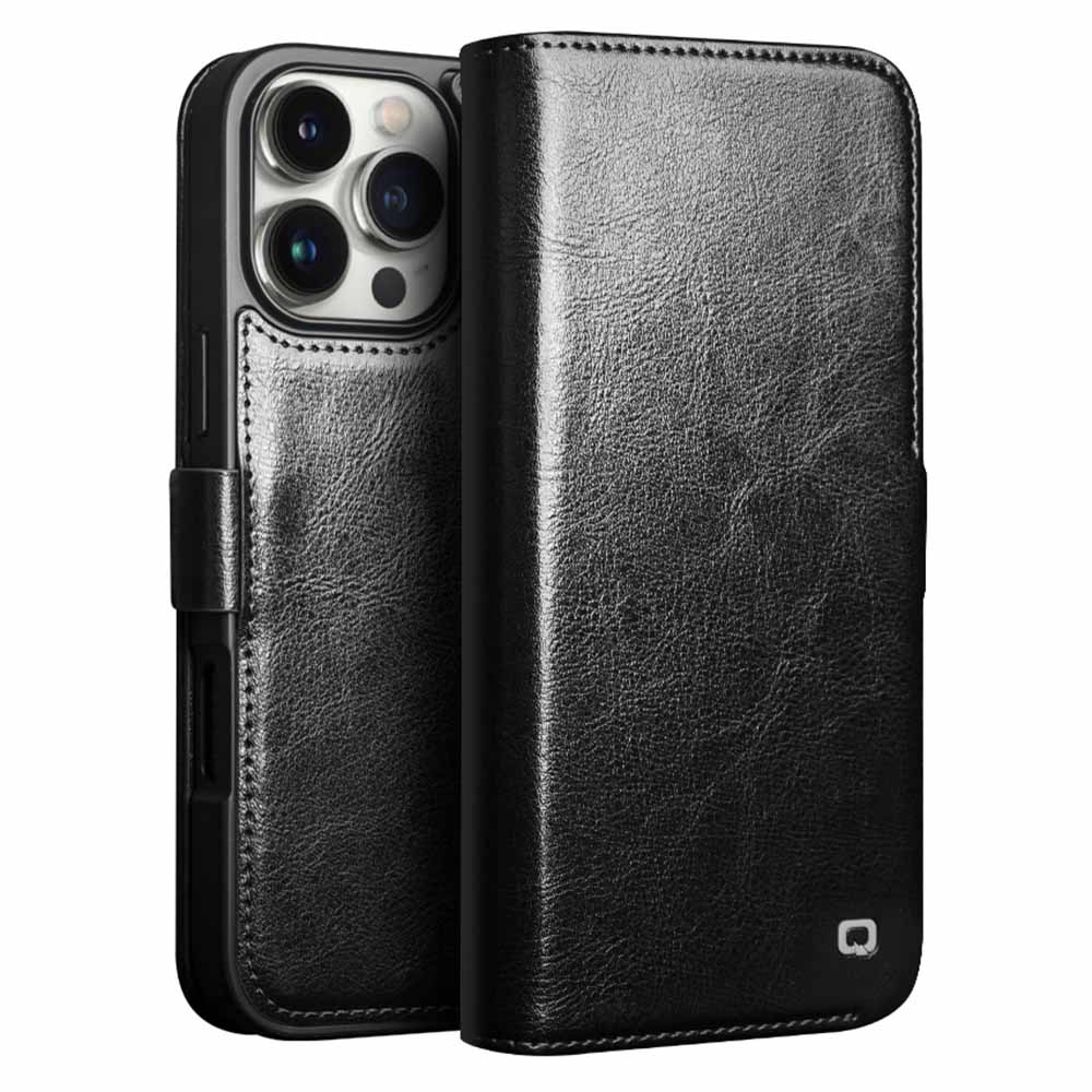 

QIALINO For iPhone 16 Pro Case TPU+Genuine Cow Leather Wallet Phone Cover Black