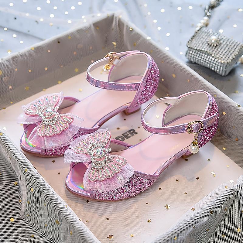 

Детские хрустальные туфли-лодочки на высоком каблуке с пайетками для девочек, подходят для сценических выступлений и шоу 26(cm) розовый