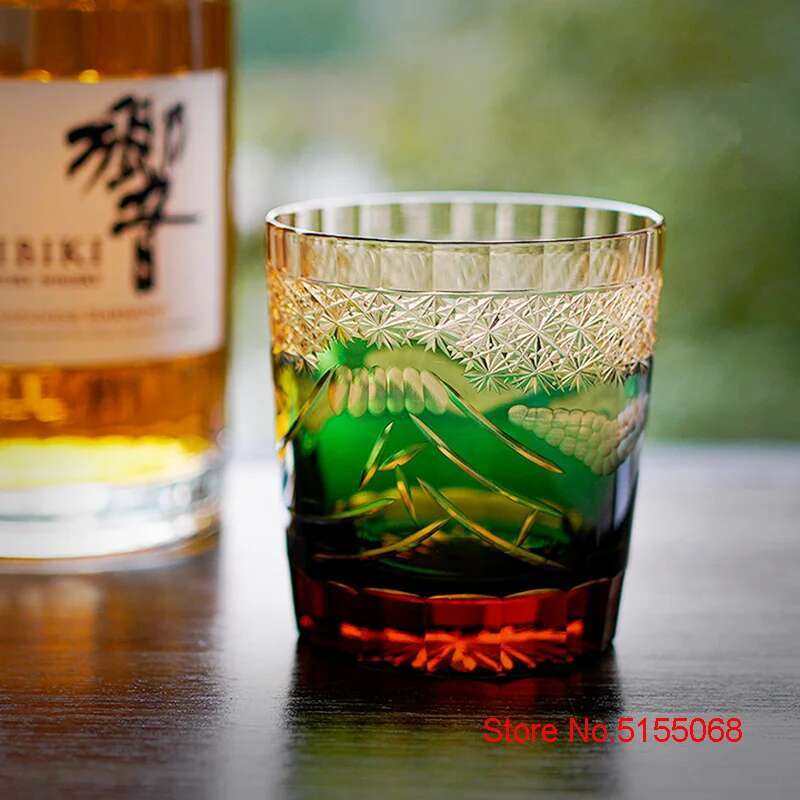Incisione a Mano Giappone Monte Fuji Edo Kiriko Bicchiere da Whisky Cristallo Ambra Calici da Vino Tumbler da Whisky Bicchiere per Distillati Sake Tazza da Acqua