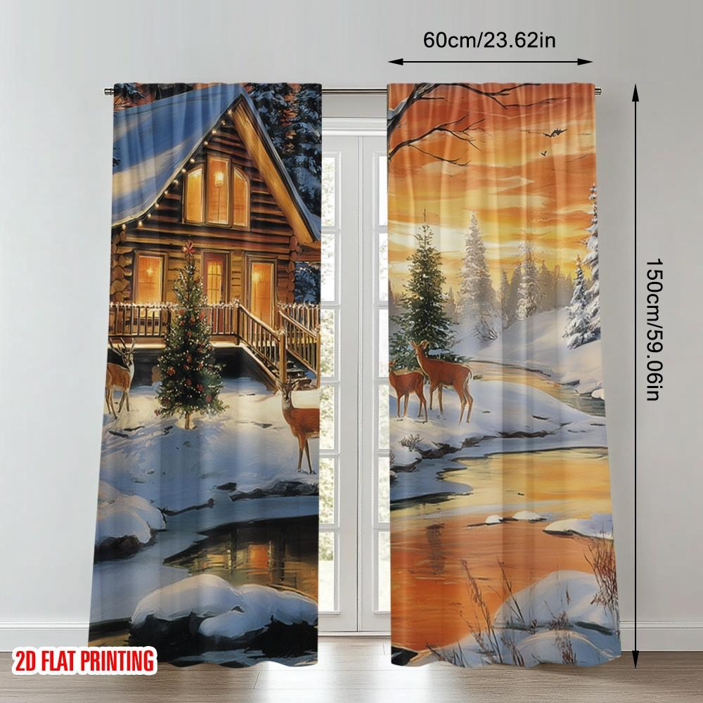 2pcs 2D flat printing Fashionable Christmas Curtains Cozy Cabin Deer Christmas Scene Digital Printed Polyester Drapes Holiday