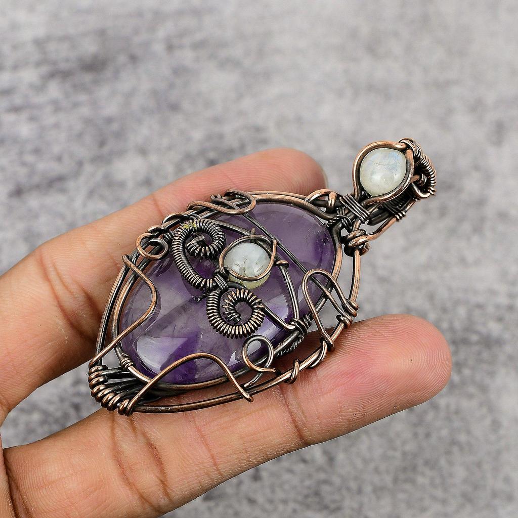 Amethyst & Rainbow Moonstone Pendant Gemstone Jewelry, 999 Copper Wire Wrapped Pendant, Gift For Women Handmade Pendant