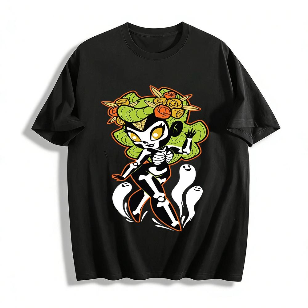 

Halloween Skeleton Rose Girl Print Casual Top Pure cotton T-shirt XXS