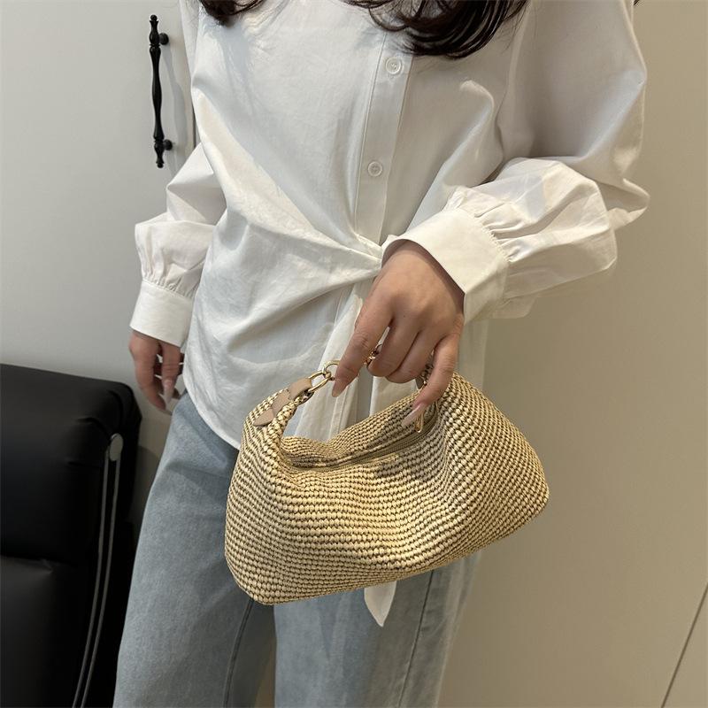 Raffia Straw Woven Clutch Purse Hobo Dumpling Women Handbag Summer Beach Grass Braided Solid Color Evening Bag KTB