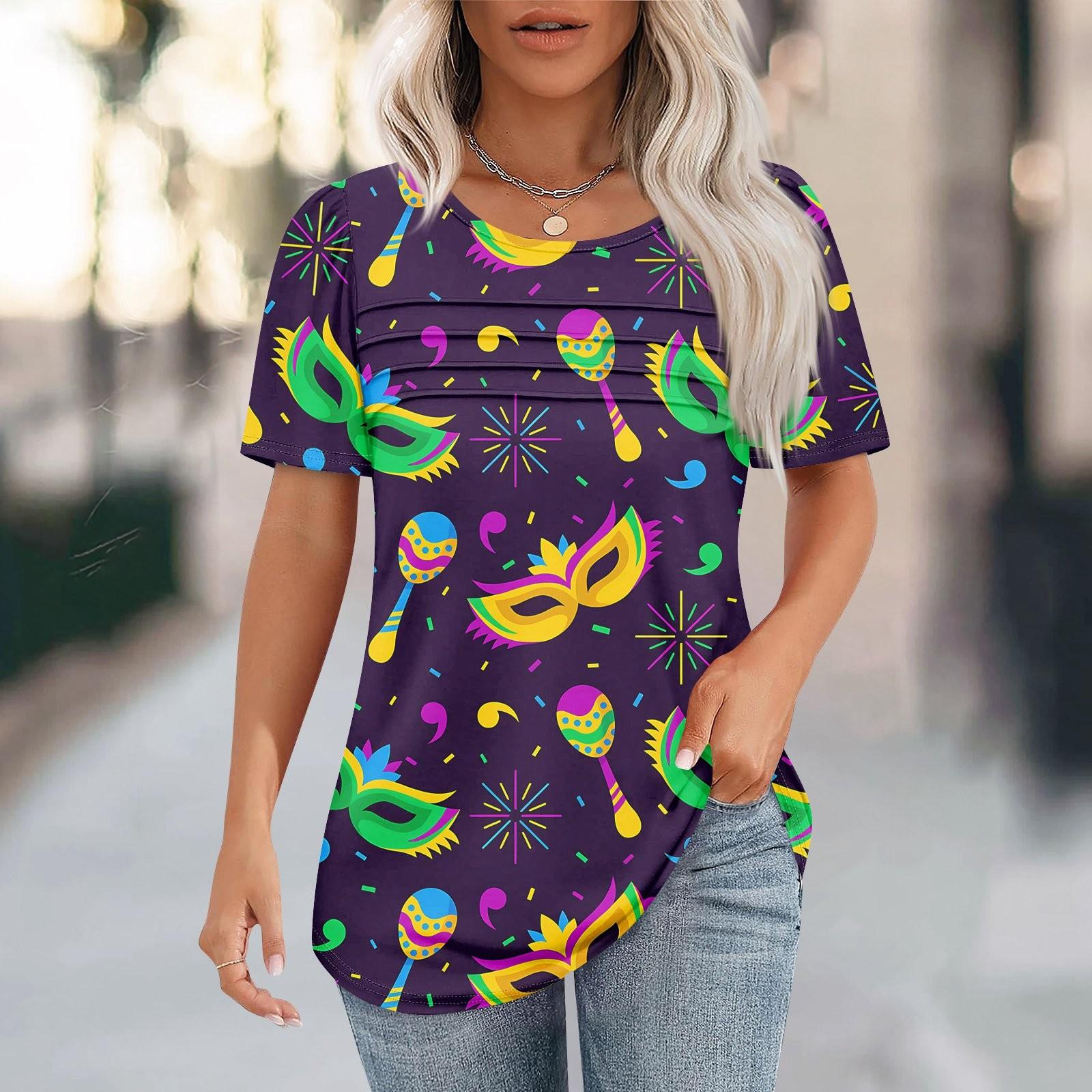 

Женский свободный топ с принтом карнавальной маски, короткими рукавами и круглым вырезом, плиссированный S