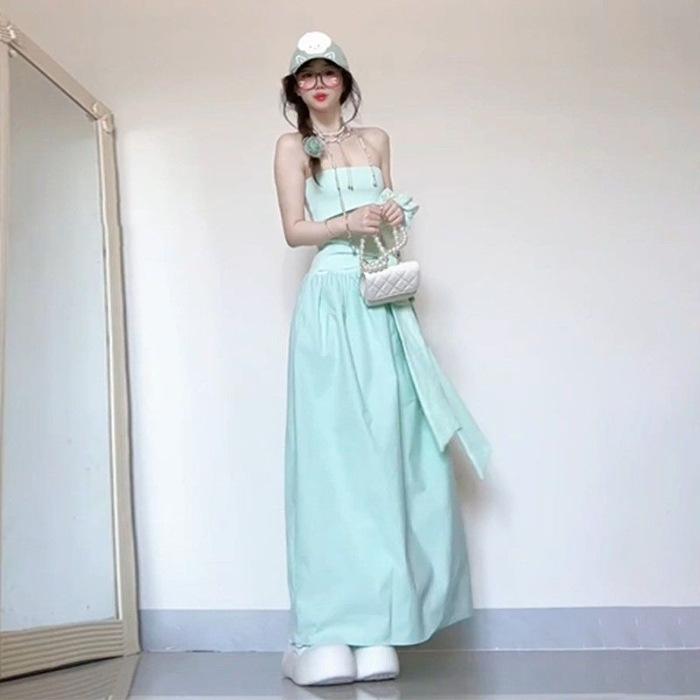 

Summer new French mint green tube top dress children s seaside vacation style waist off-the-shoulder dress XL зелений