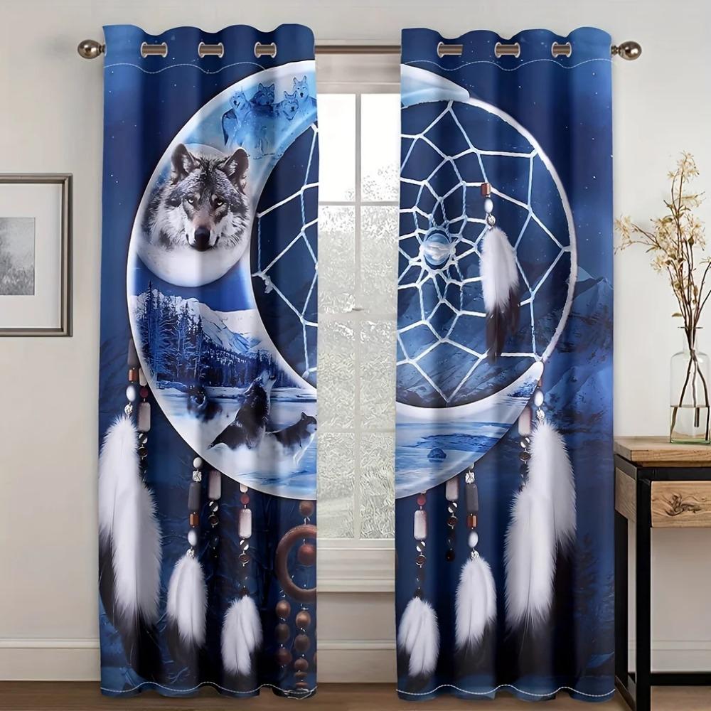 2PCS Dreamcatcher Wolf Print Curtains,Translucent Lndoor And Outdoor Curtains Privacy Protector Curtains For Bedroom LiVing Room