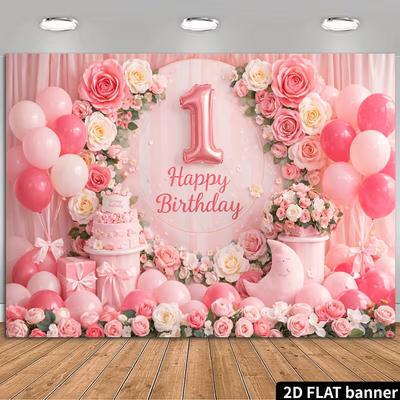 2D Mädchen Erstgeburtstag Kulisse mit Blumen und Ballons Foto Hintergrund