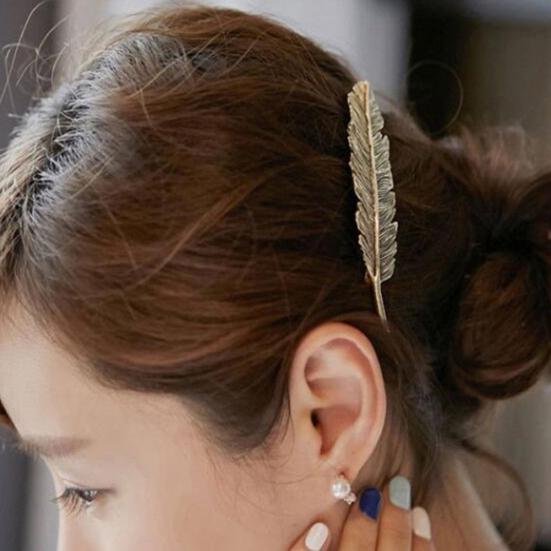 Women's Vintage Etched Leaf Feather Hair Clip Elegant Hairpin Hair Barrette