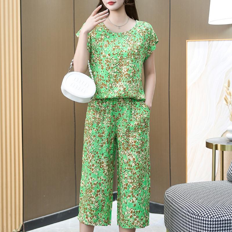 Elegant Women's Two Pieces Set Summer Vintage Clothes Plus Size High Waist Pants Sets