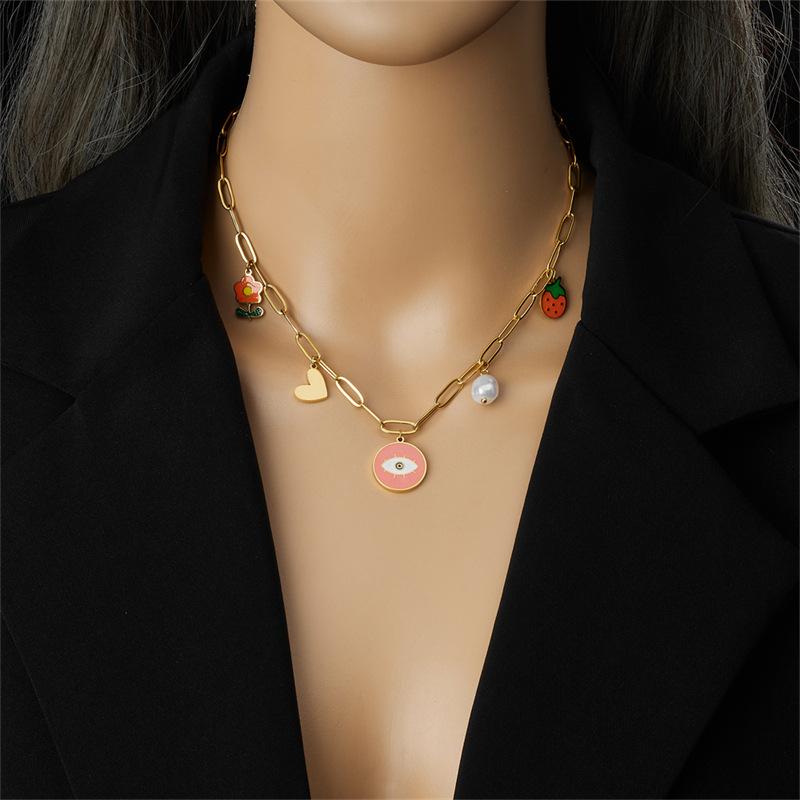 Cartoon Cute Painted Oil Drop Heart Flower Pearl Pendant Chain Titanium Steel Necklace