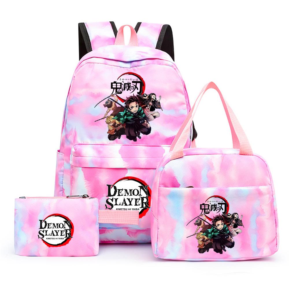 3 st/set Anime Demon Slayer Tryckt Ryggsäck med Matlåda Pennfodral för Tonåring Tillbaka till Skolan Stor Kapacitet Vattentät Skolväska Flickpojke Gåva
