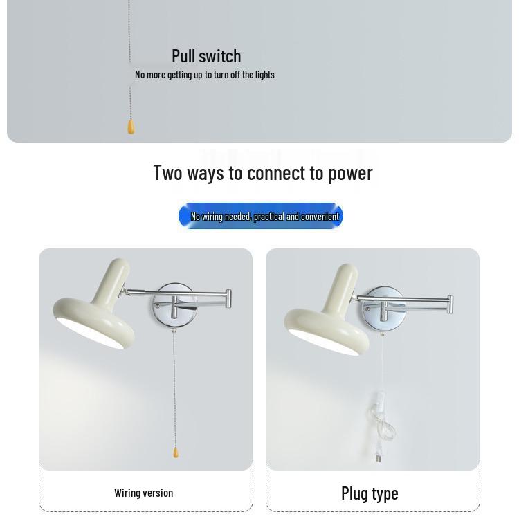Smart Retractable Wall Lamp: No Wiring Required, Full Spectrum, Cream Style, Swing Arm for Bedroom or Living Room.