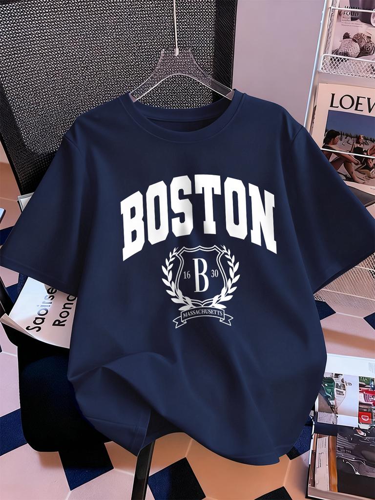 Boston 1630 Persönlichkeit Kunst Drucke Kurzarm T-Shirts Damen Baumwolle Sommer T-Shirts Weich Locker Rundhals Oberteile Basic Kleidung