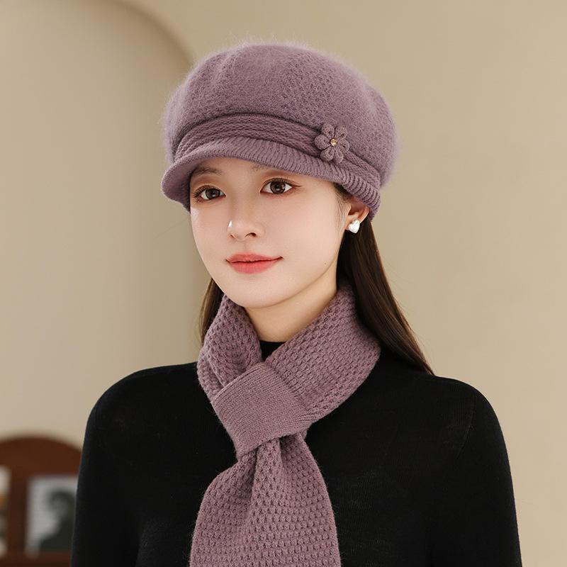 Hat Women's Autumn and Winter Knitted Hat Warm Beret Wool Hat Fashion Fleece Thickened Ear Hat Rabbit Fur Hat