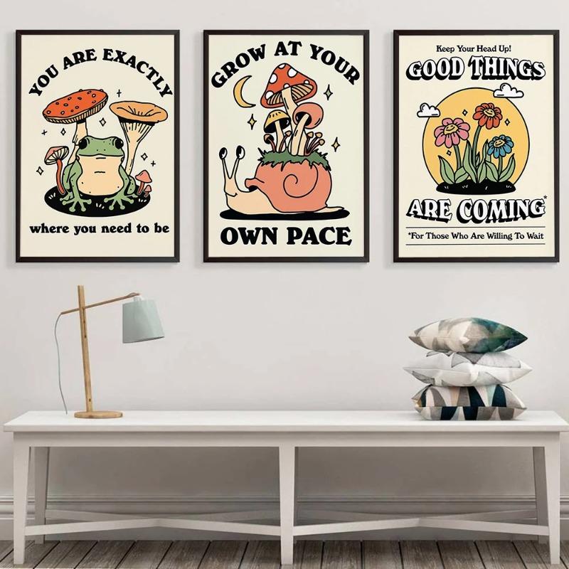 Retro 70s You Are Exactly Funny Mushroom Poster Groovy Hippie Ball Dancing Frogs Canvas Painting Wall Art Pictures Home Decor