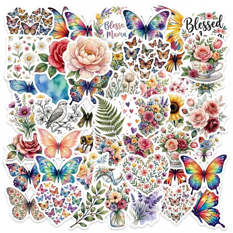 50PCS Kawaii Butterfly Flower PVC Sticker Aesthetic Colored DIY Sticky Decoration Scrapbooking Hand Accounting Supplies for Kids