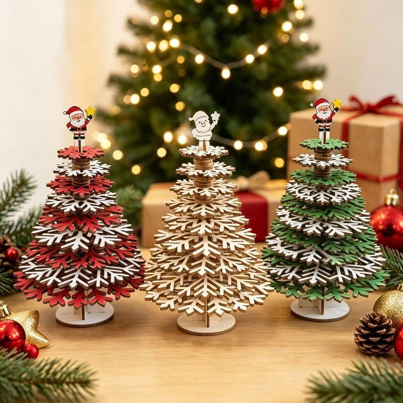 1Pcs Assemble Detachable Colorable Wooden Christmas Tree Diy 3D Snowflake Tabletop Ornament Christmas Decor Holiday Gift