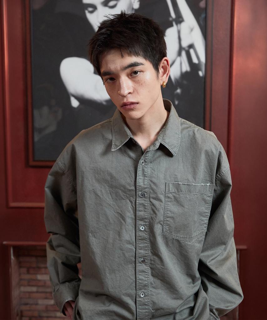 AREUBAN Distressed Plain Shirt_Vintage Khaki