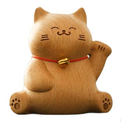 Carved Wooden Cat Statue Animal Figure Desk Carving Ornament Miniature Kitten Figurine for Companies