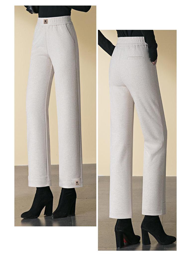 Damskie spodnie z wysokim stanem, z mieszanki wełny, z prostymi nogawkami, pogrubione, petite, długość 9/10 na jesień/zimę 2024