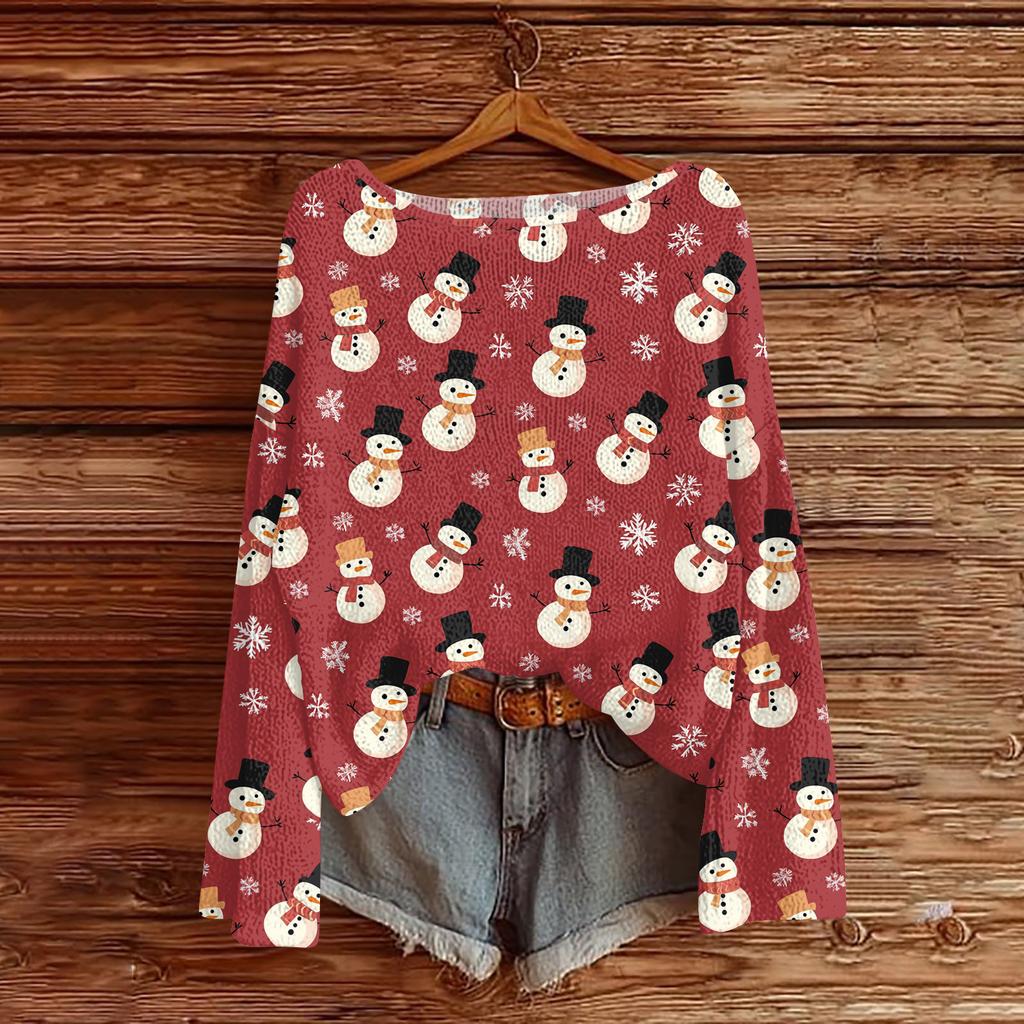 Damenmode Weihnachtsdruck Leichter Pullover Lässig Langärmlig Strick-Pullover-Oberteil