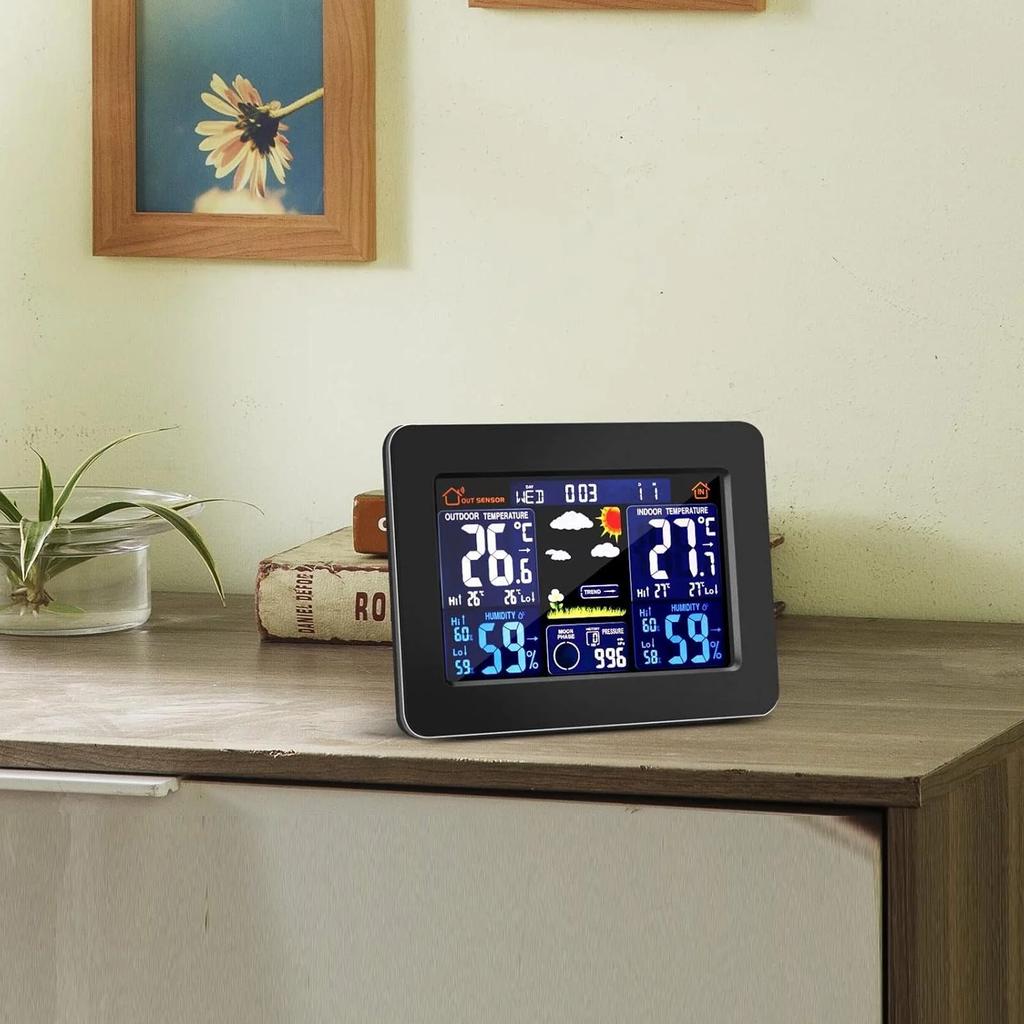 Wireless temperature and humidity meter weather clock home thermometer weather station LCD wall mounted large color screen