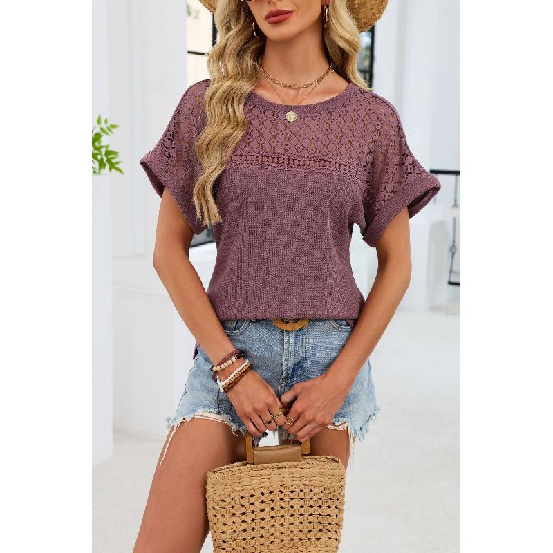 2026 Spring/Summer New Round Neck Lace Trim Loose Short Sleeve T-Shirt for Women