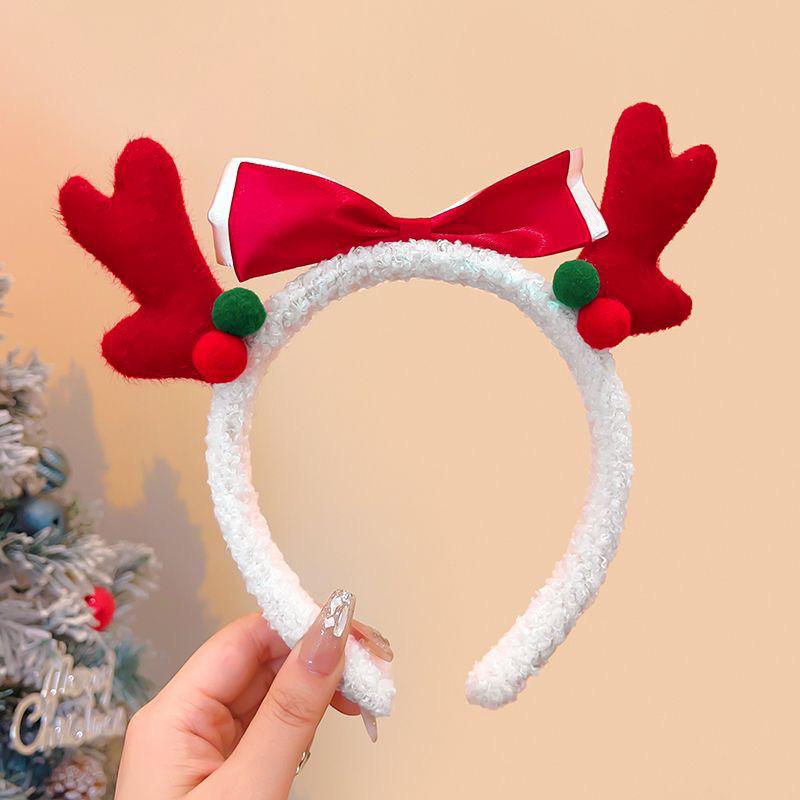 Fluffy Red Bow & Antler Christmas Headband Set
