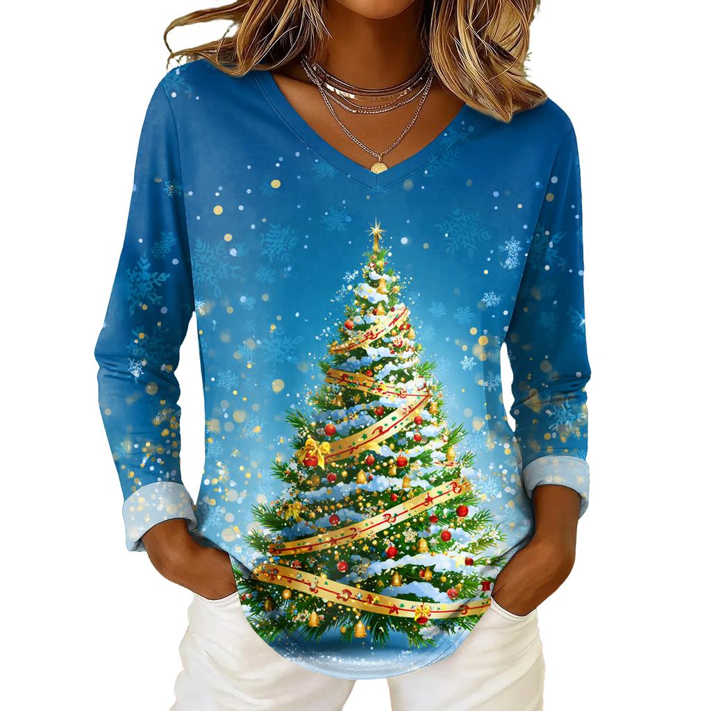 Women's Christmas Print Casual V-Neck Long Sleeve Top