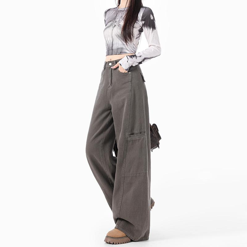 Women's High Waist Cargo Jeans Wide Leg Flare Jeans No Stretch Denim Pants Streetwear Pocket Trousers