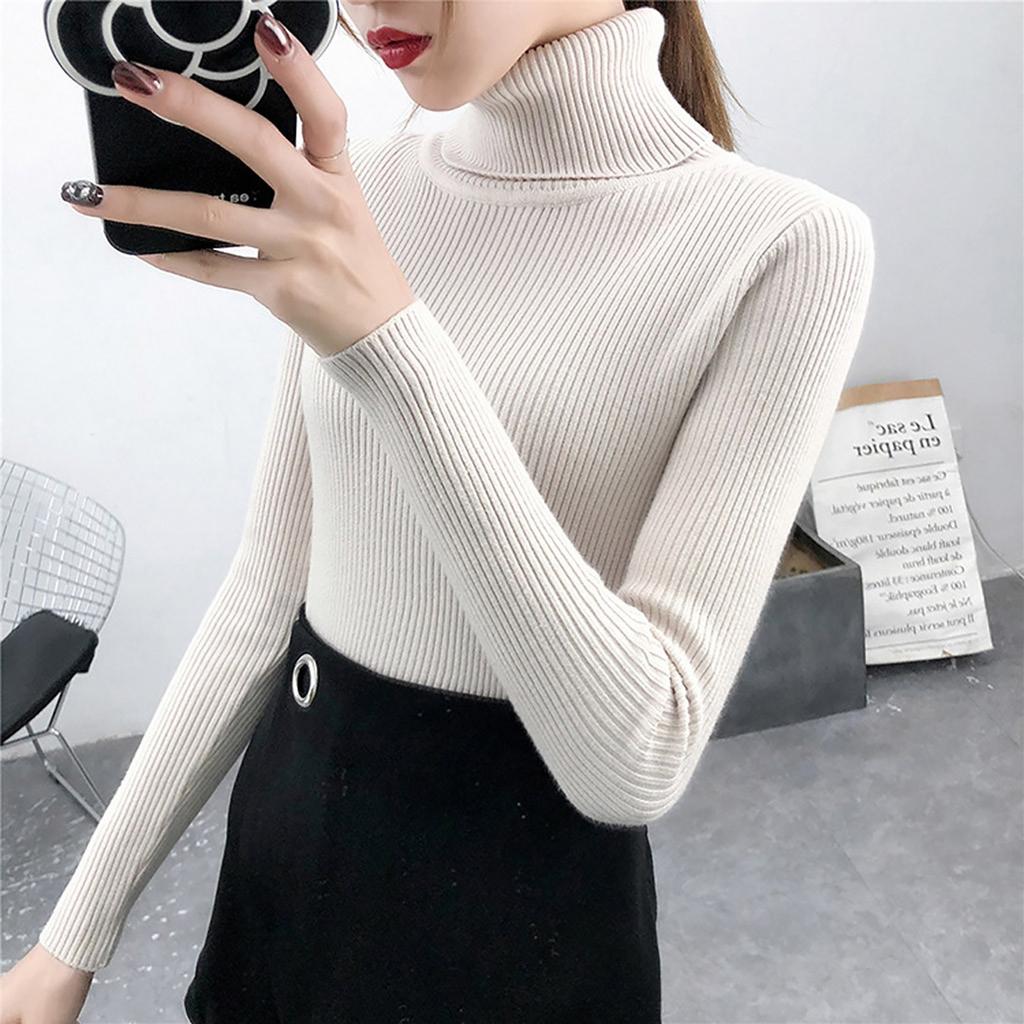 Dammode Långärmad Polotröja Enfärgad Tröja Fårull Lös Stickad Pullover Topp