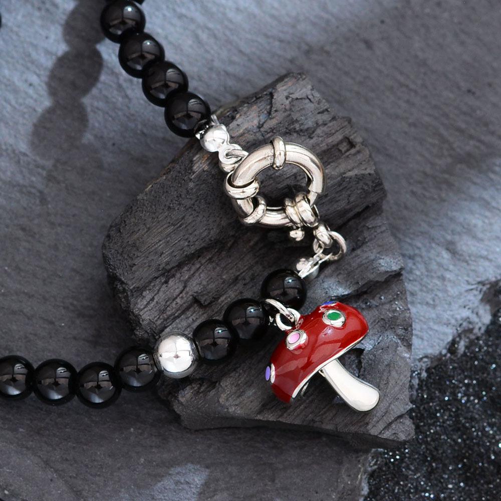 Niche Design Enamel Dripping Oil Red Small Mushroom Pendant Black Agate Beaded Necklace High-End Light Luxury Accessories