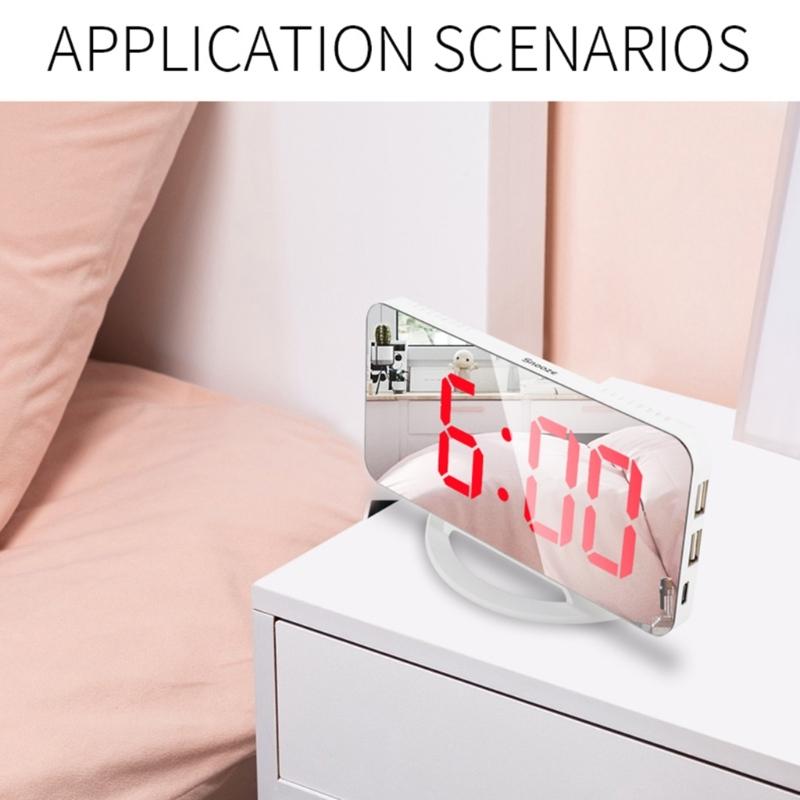 Digital Alarm Clock Large Display LED Mirror Electronic Clocks with Snooze Dual USB Ports 3 Adjustable Brightness Home