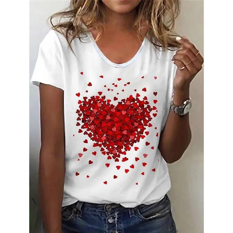 2024 Summer New Retro Women's T-shirt Red Heart Fashion 3D Printing Short-sleeved Casual Street Sports O Collar Ladies Shirt