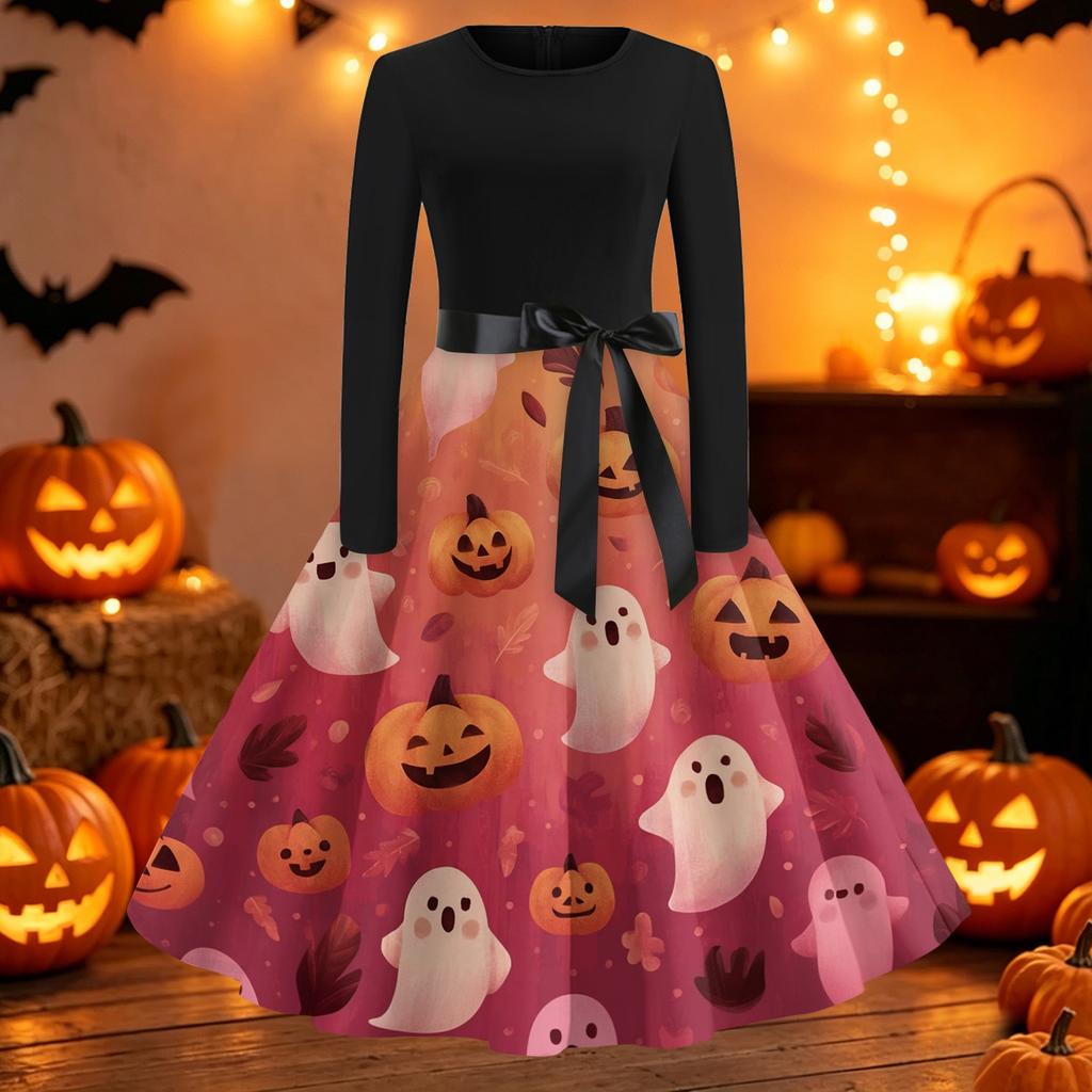 Womens Casual Long Sleeve Dress Halloween Print Round Neck Fit and Flare Midi Dress with Waist Tie and Full Skirt